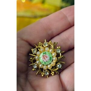 Guilloche Brooch White Enamel Rose Flower Rhinestones Pearls Vintage Stunning!